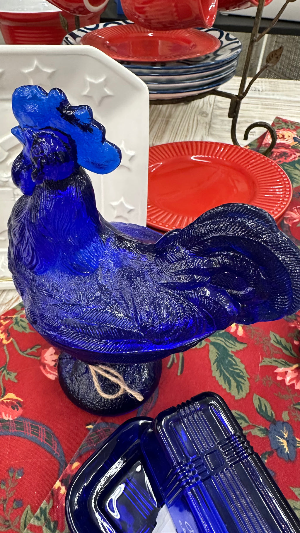 Glass Cobalt Rooster/Chicken Dish