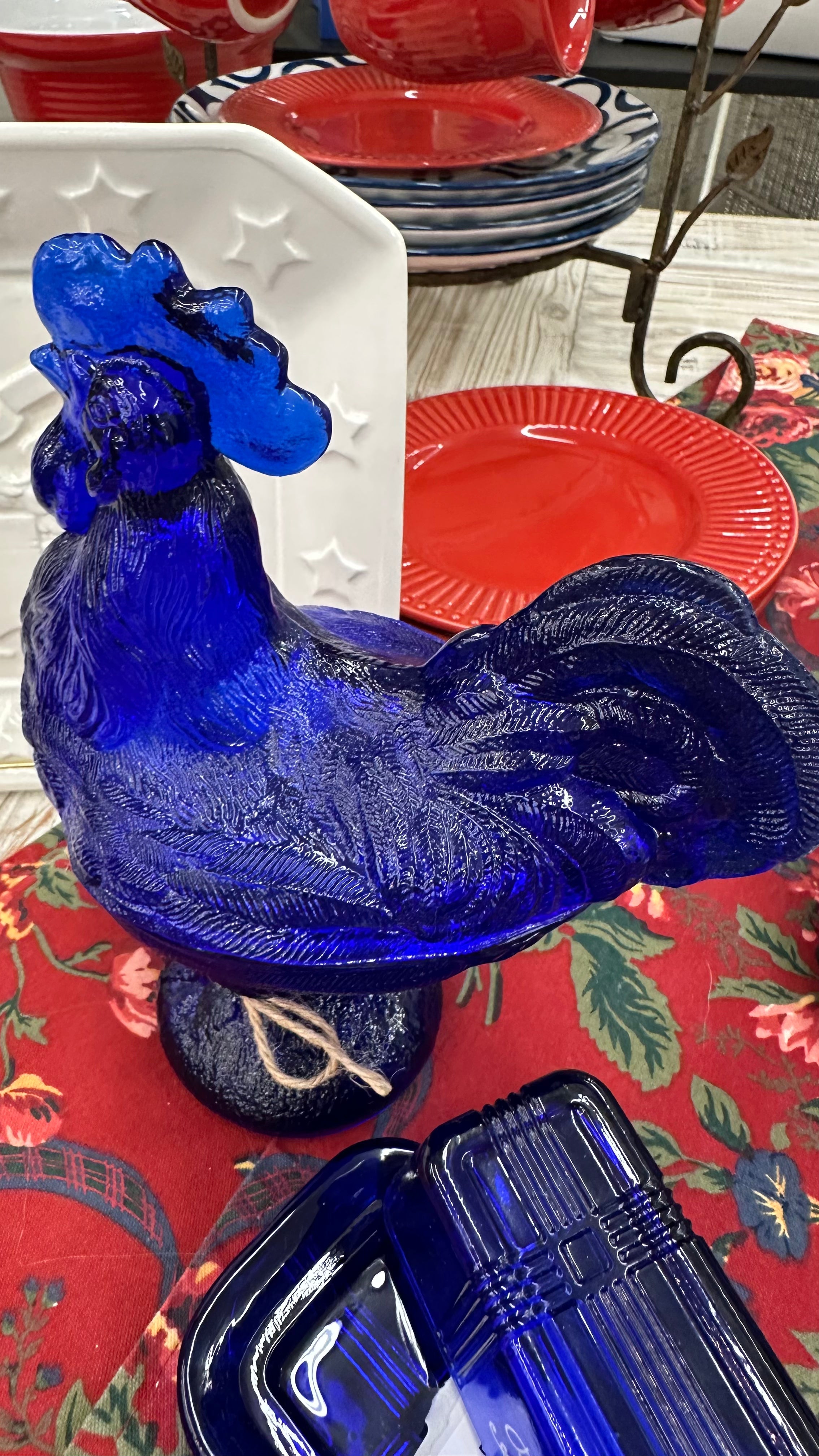Glass Cobalt Rooster/Chicken Dish