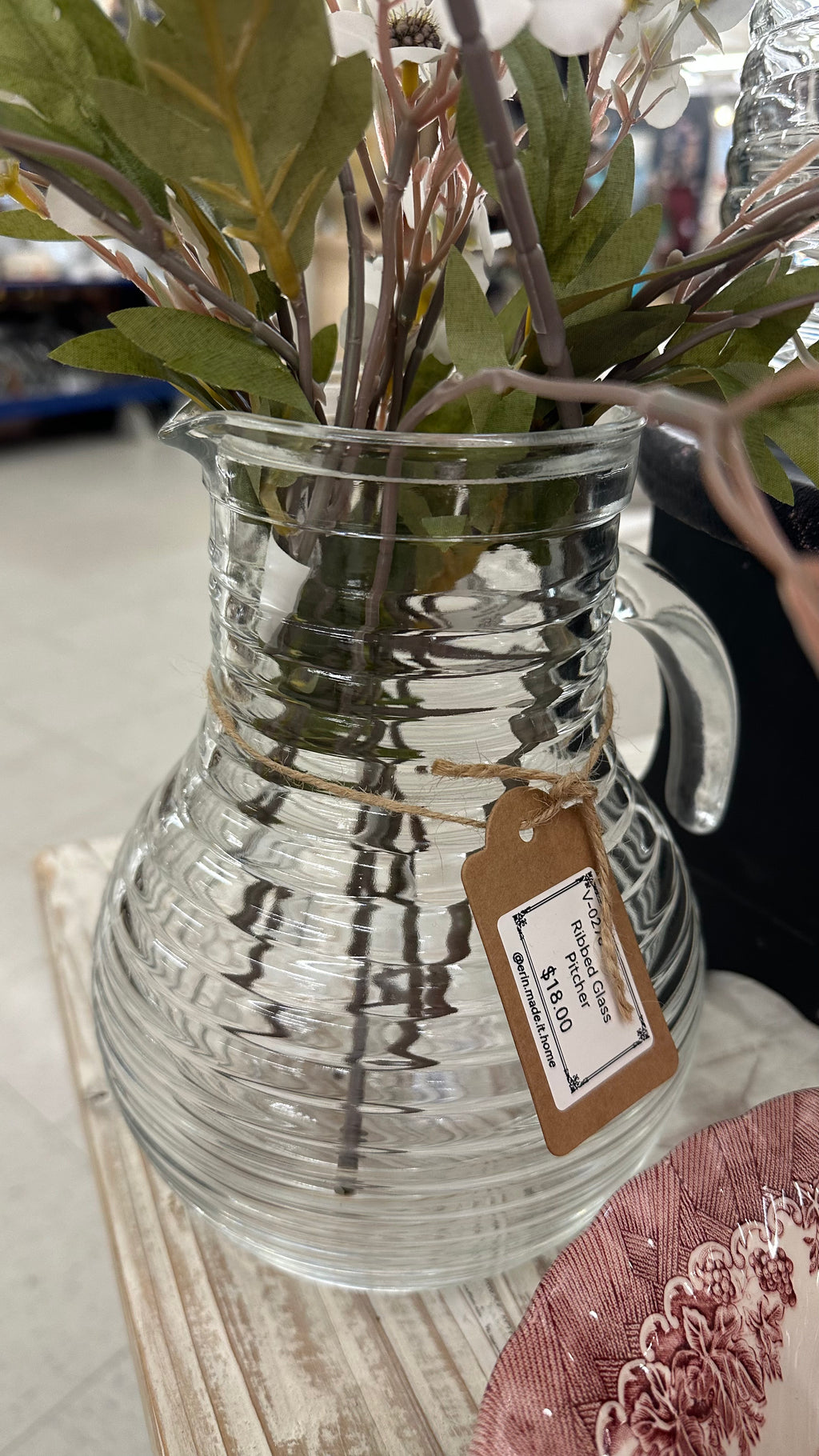 "Beehive" Ribbed Glass Pitcher