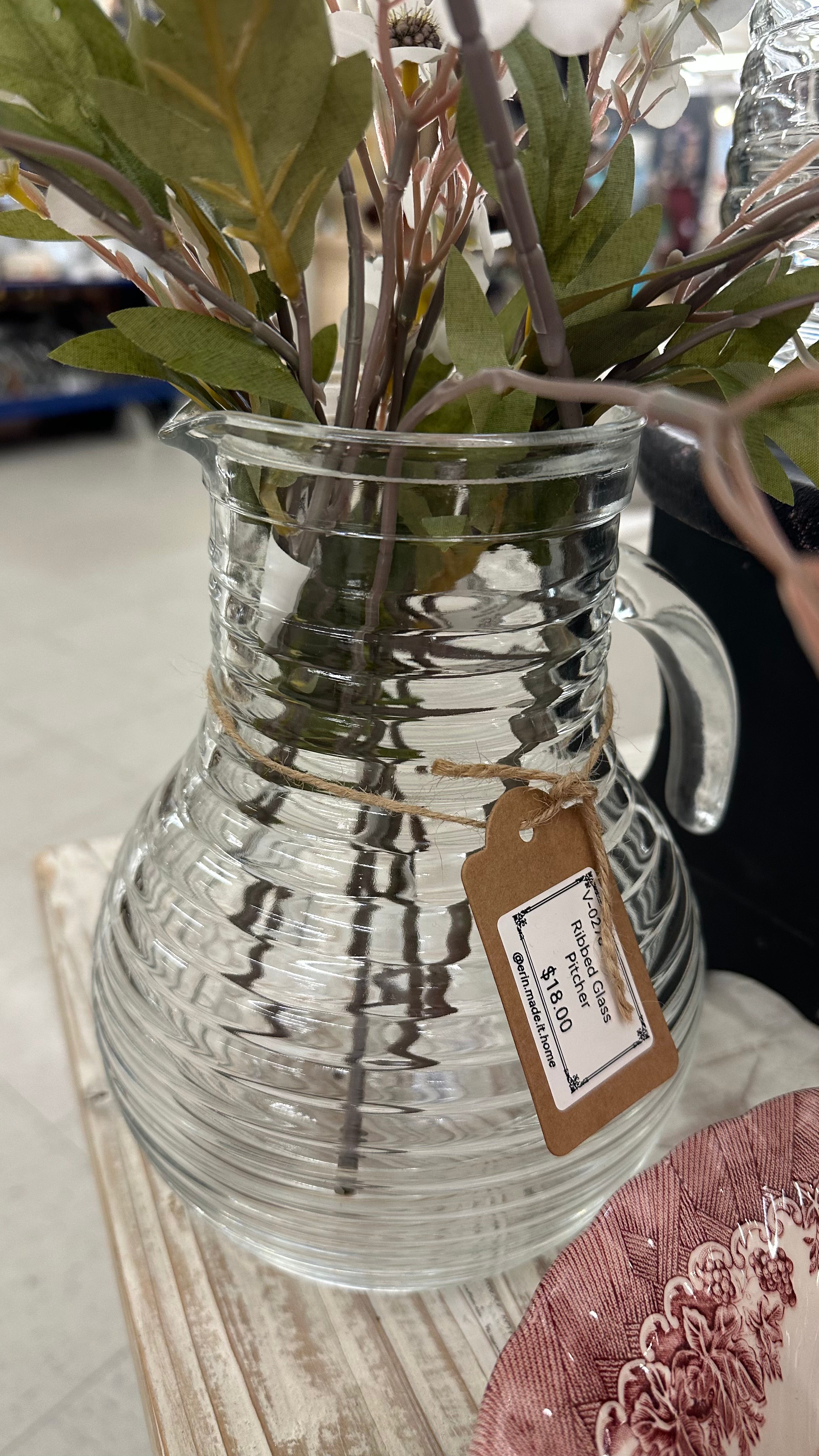 "Beehive" Ribbed Glass Pitcher