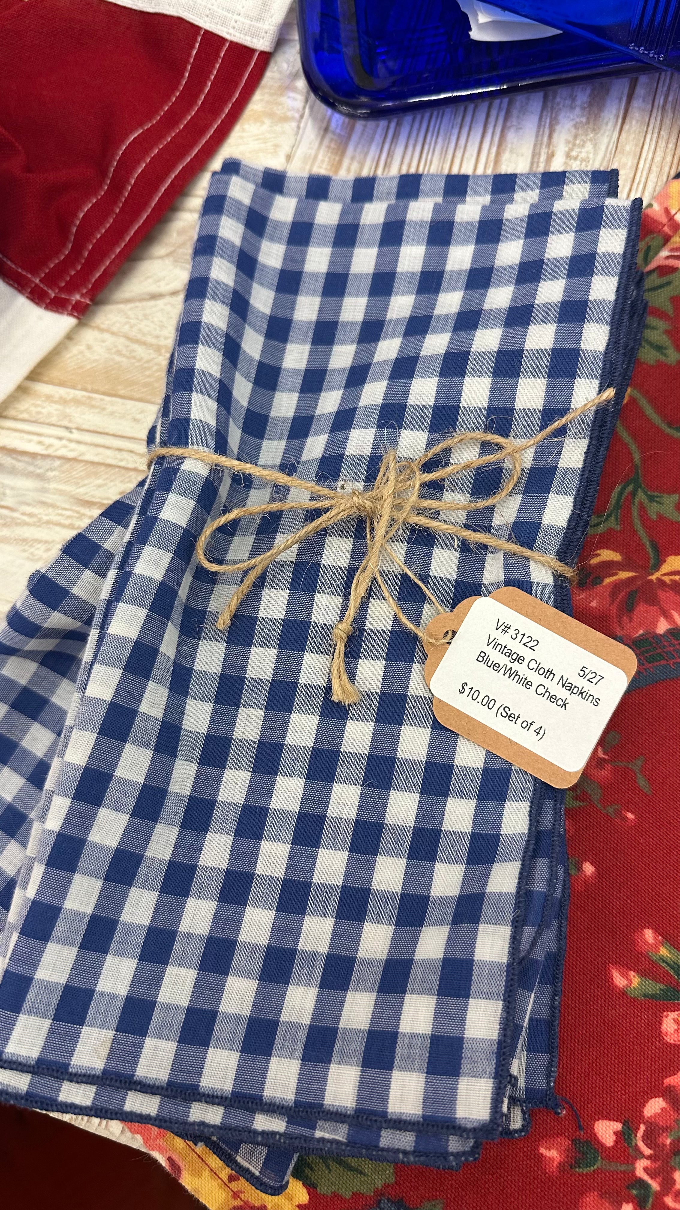 Vintage Blue Gingham Cloth Napkins (Set of 4)