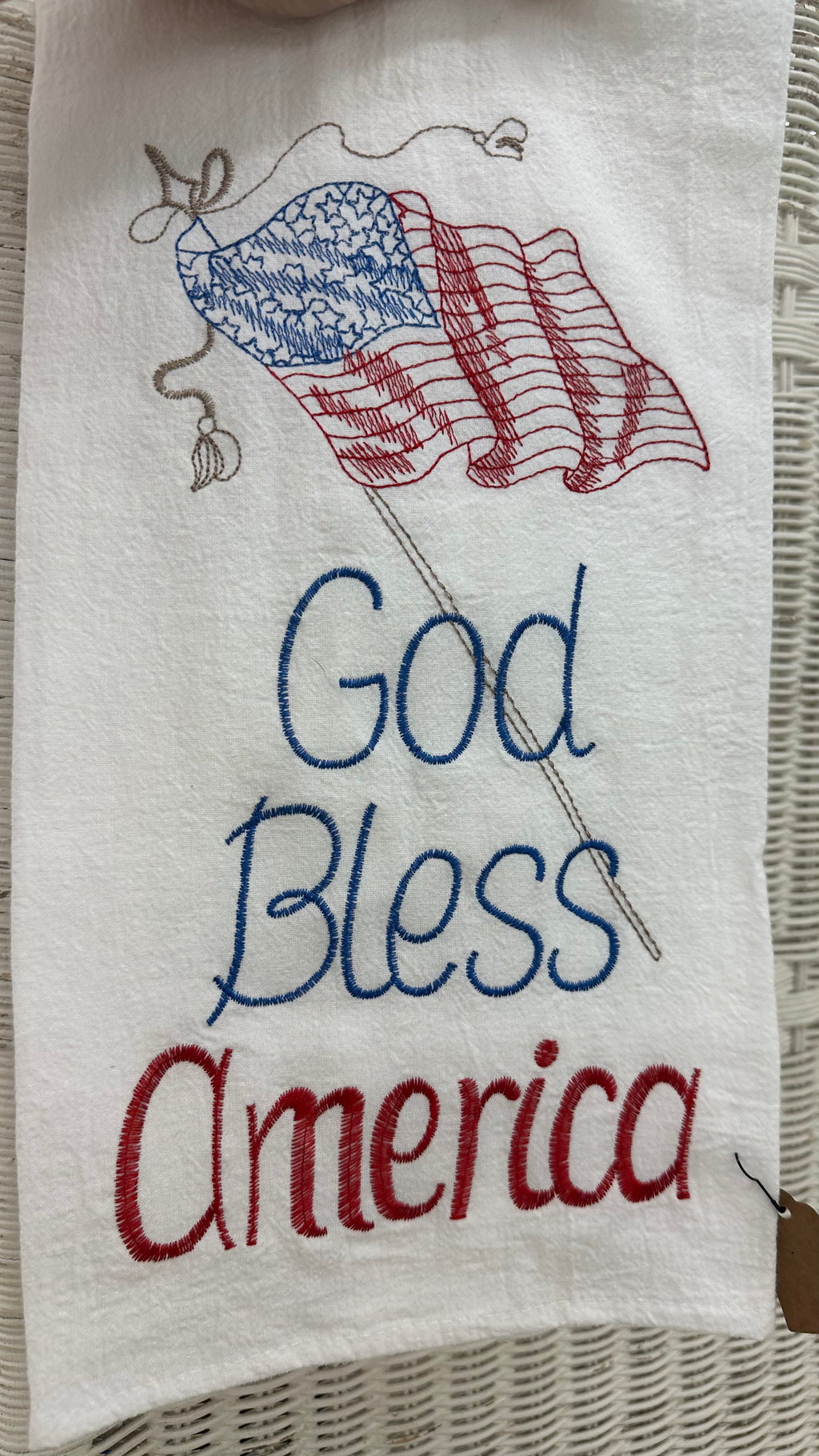 Embroidered 'God Bless America' Flour Sack Tea Towel