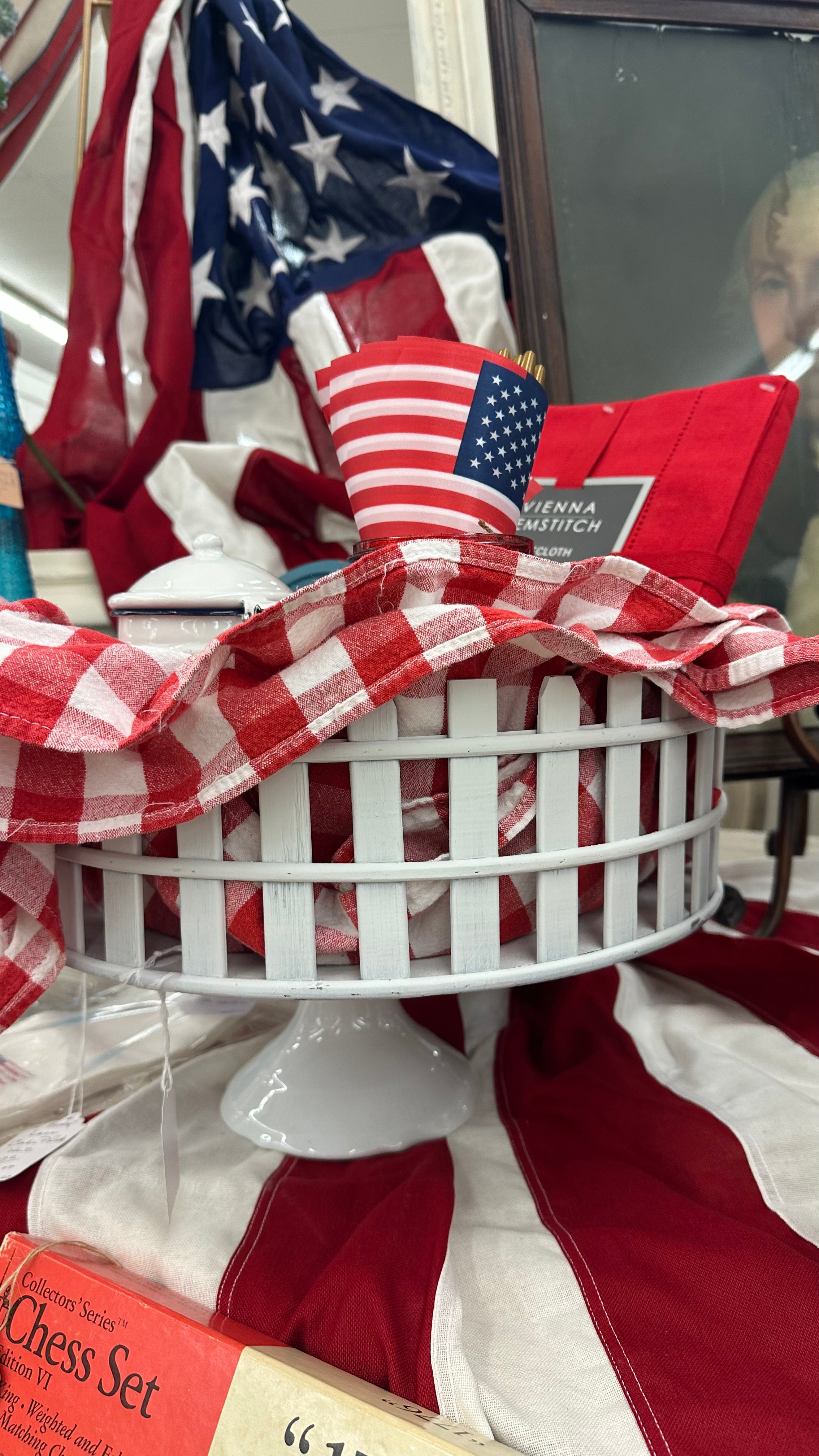 White Round Picket Fence Basket with Red Check Long Tablecloth
