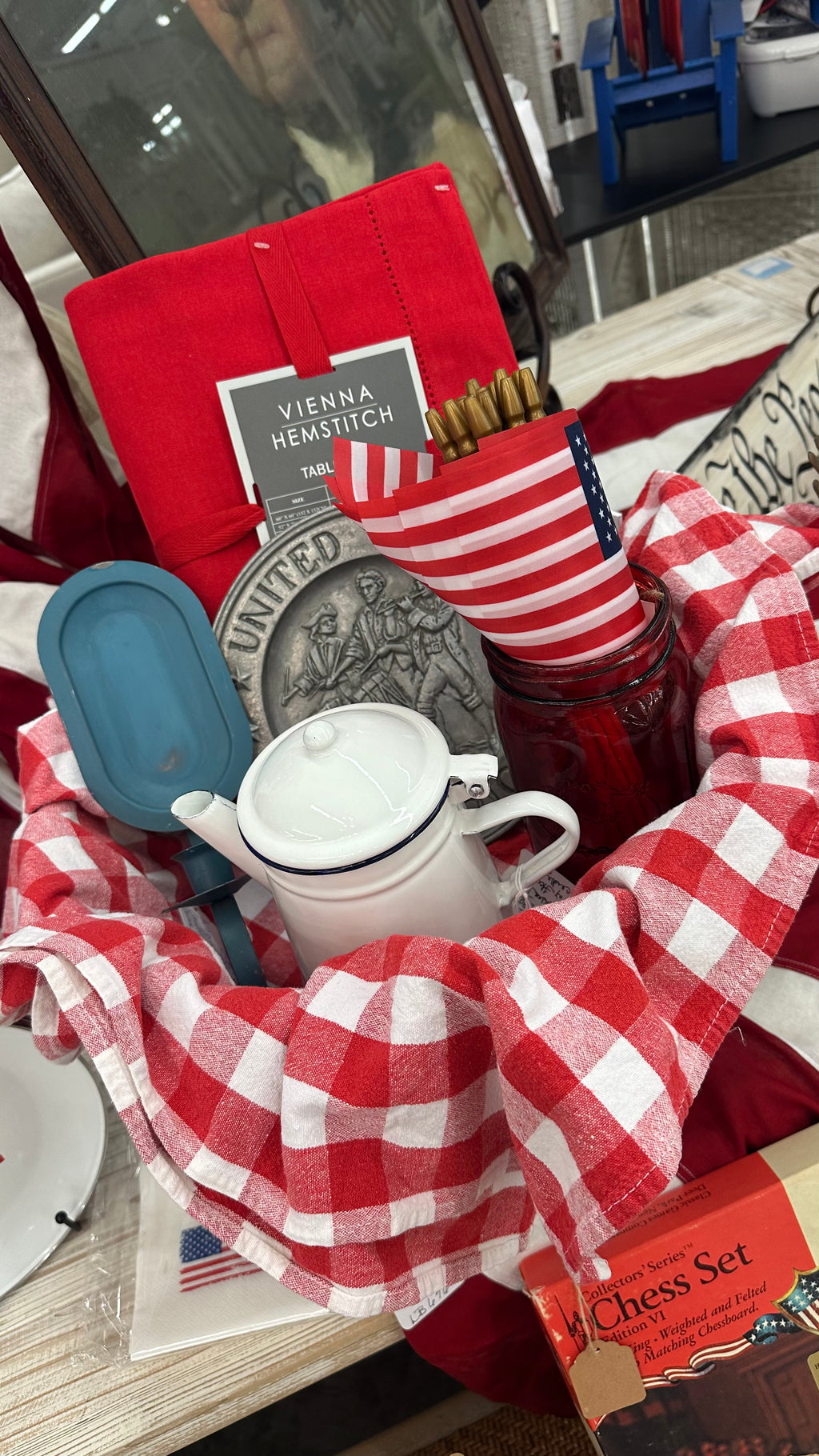 White Round Picket Fence Basket with Red Check Long Tablecloth